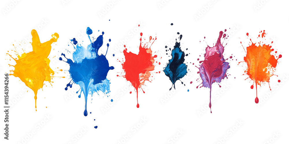 Poster a vibrant collection of multicolored paint splashes, blobs, and splatter effects. features paintbrus
