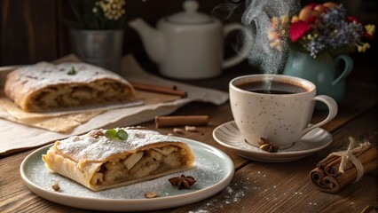 Enjoying a Slice of Apfelstrudel with Coffee in a Cozy Caf&eacute; Setting
