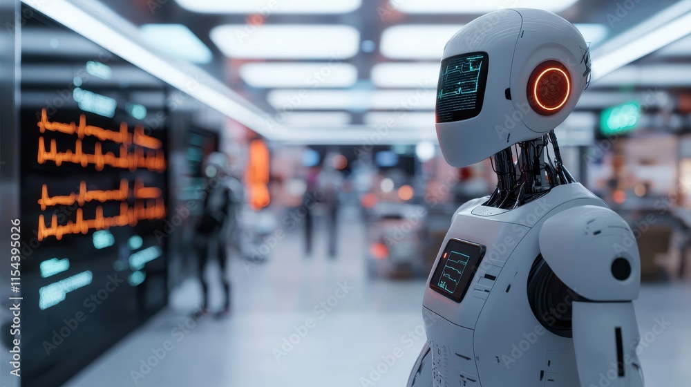 Poster a futuristic robot stands in a high-tech environment, showcasing advanced design and technology amid