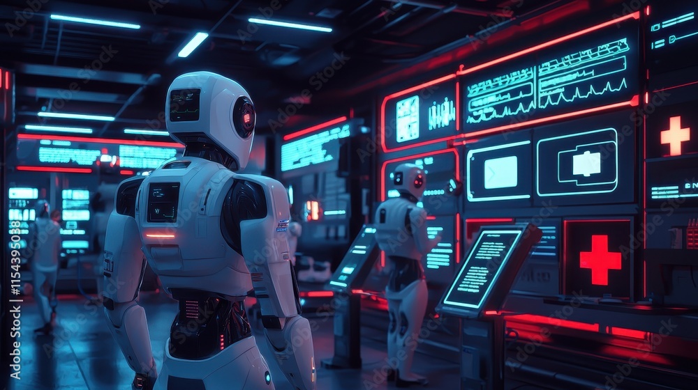 Poster a futuristic scene featuring humanoid robots interacting with advanced technology in a neon-lit cont