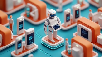 A colorful 3D scene featuring a central robot surrounded by various devices, showcasing a futuristic tech environment.
