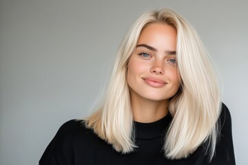 Naklejka premium A close-up of a smiling model with long, blonde hair wearing a black sweater, capturing a vibrant, joyful essence and a modern aesthetic. Perfect for fashion or lifestyle themes.