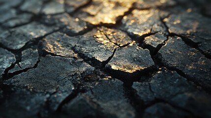 Cracked earth surface with a golden light reflecting on it.