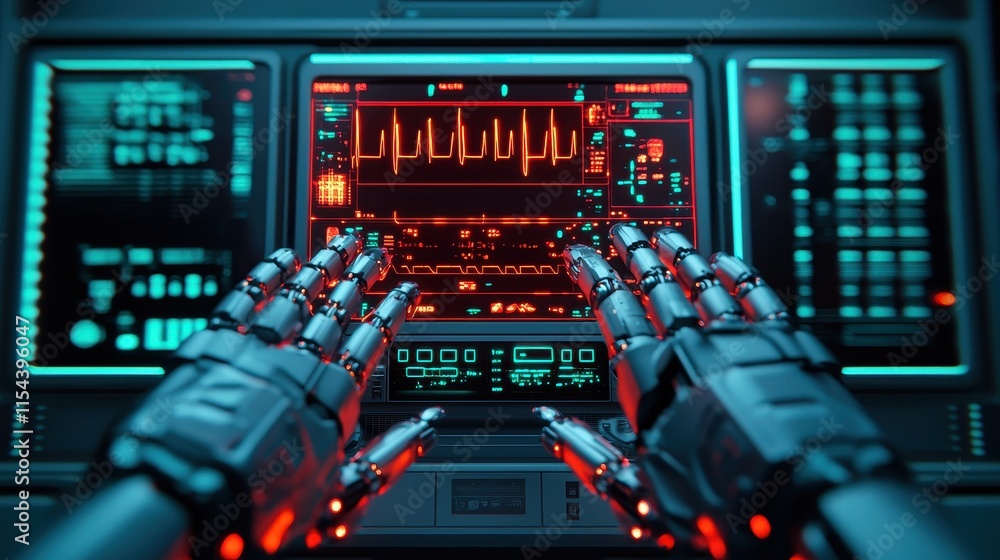 Aufkleber a futuristic interface displays vibrant data, with robotic hands engaged in a complex technological 