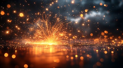 Fototapeta premium Radiant golden sparks glittering brightly against a shadowed blackened night sky background image