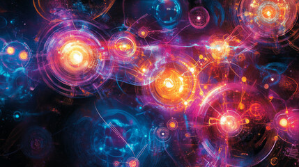 Floating holographic symbols and circuits add a modern and dynamic feel.