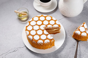 Traditional layered honey cake slices.