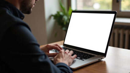 A man is working on a laptop, typing on the keyboard with a blank white screen visible. Concept of: Digital work and online tasks
