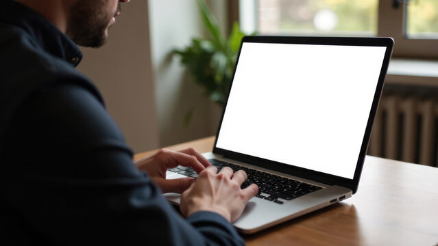 A man is working on a laptop, typing on the keyboard with a blank white screen visible.
Concept of: Digital work and online tasks
