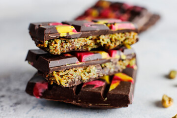 Gluten-free dubai chocolate bar with pistachio paste and kadaif dough
