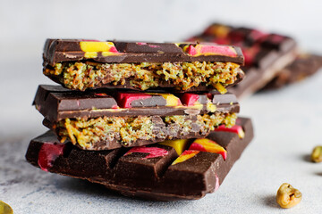 Gluten-free dubai chocolate bar with pistachio paste and kadaif dough