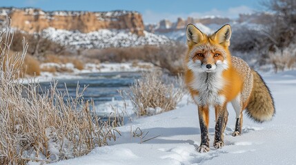   A fox stands in snow before a lake with mountains behind