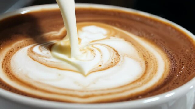 A white coffee cup with a swirl of brown liquid in it. The liquid is a mixture of coffee and milk, and it is pouring out of the cup. Concept of warmth and comfort