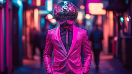 A figure dressed in a glowing pink suit, their head a reflective disco ball, stands in a vivid street, portraying themes of self-expression and nightlife ambiance.