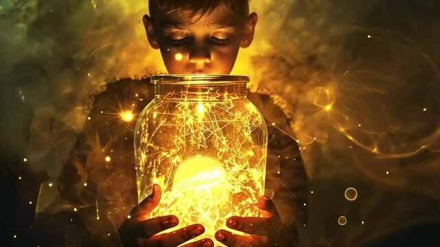 A child cradles a luminous jar filled with golden lights, symbolizing cherished memories and dreams for the future.