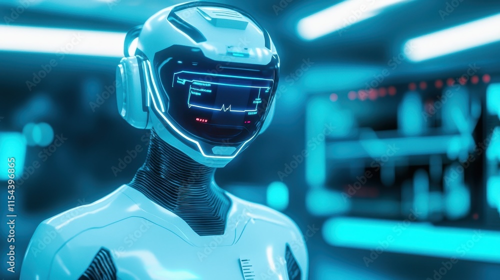 Poster a futuristic humanoid robot with a sleek design and glowing accents stands in a high-tech environmen