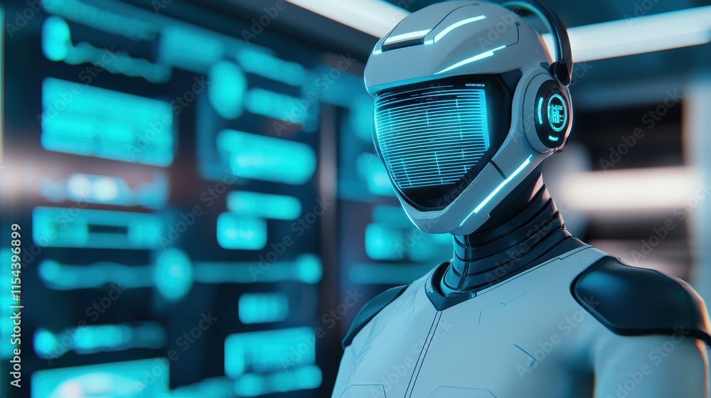 Poster a futuristic humanoid robot with a sleek design and glowing features stands in a high-tech environme