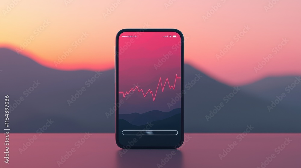 Aufkleber a smartphone displaying a rising graph on its screen, set against a colorful sunset backdrop, sugges