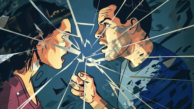 Two figures engage in a heated argument as fractured glass fragments separate their expressions of anger.