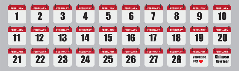February Calendar pages, red and white design, numbered days, monthly view, minimalist layout, grid pattern, date markers, time organization, wall calendar, office supplies, 