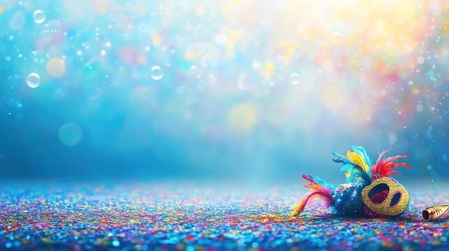 Festive carnival mask on colorful confetti.