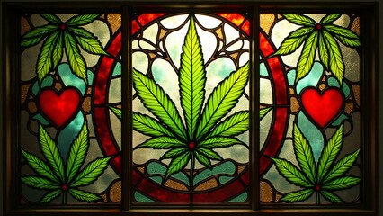 Stained glass art featuring vibrant cannabis leaves and heart motifs in green, red, and gold hues, framed in bronze, glowing under natural sunlight.