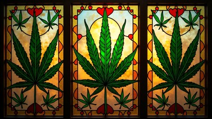 Stained glass art featuring vibrant cannabis leaves and heart motifs in green, red, and gold hues, framed in bronze, glowing under natural sunlight.