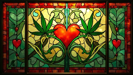 Stained glass art featuring vibrant cannabis leaves and heart motifs in green, red, and gold hues, framed in bronze, glowing under natural sunlight.