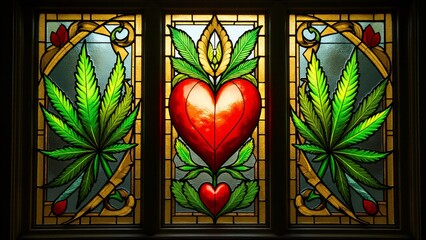 Stained glass art featuring vibrant cannabis leaves and heart motifs in green, red, and gold hues, framed in bronze, glowing under natural sunlight.