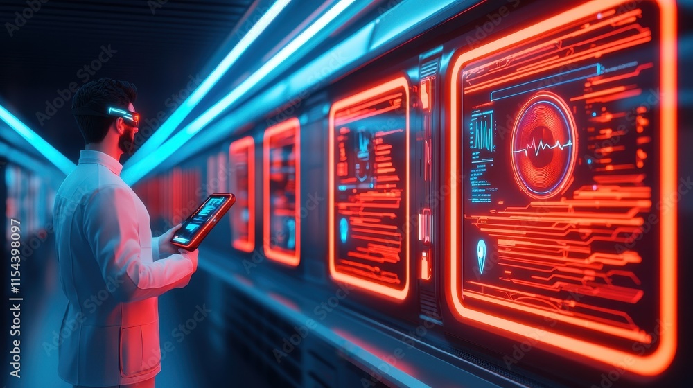 Poster a futuristic lab featuring a scientist interacting with glowing, high-tech screens displaying data i