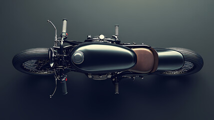 Top view of a classic black motorcycle showcasing its sleek design and leather seat, perfect for bike enthusiasts and design projects. Pinnacle. Illustration