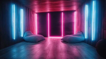 An inviting space featuring bright pink and blue vertical neon lights on wooden walls with comfortable bean bags, creating a cozy and stylish retreat.