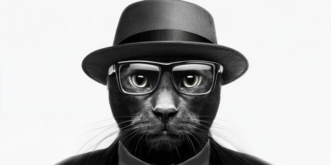 This amusing cat sports a stylish hat and glasses, exuding charm and personality. The feline's serious gaze adds an unexpected twist to its fashionable look