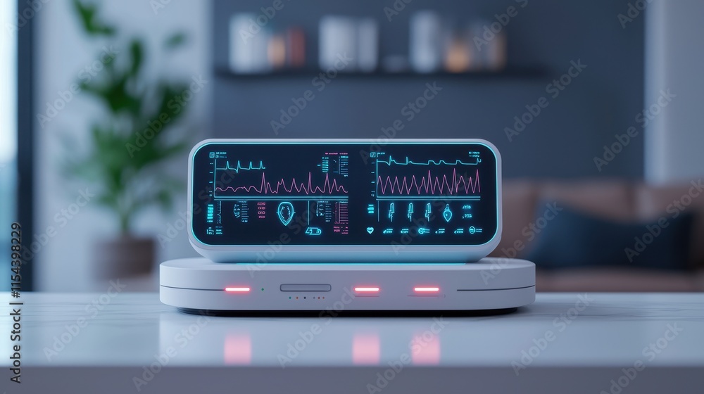 Poster a modern device with a sleek design displays vibrant data visualizations on a screen, set in a styli