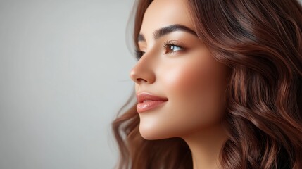 Naklejka premium A stunning profile view of a woman with wavy brown hair, smooth skin, and soft expression. The light and shadows highlight her facial features and beauty elegantly.