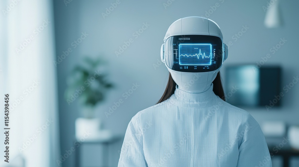 Poster a futuristic figure wearing a high-tech helmet displays digital data, blending technology with a min