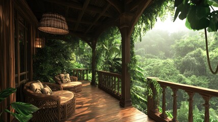 Serene Retreat on a Wooden Balcony Surrounded by Lush Greenery