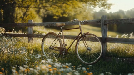 Fototapeta premium Vintage Bicycle Leaning on Fence Surrounded by Wildflowers in Sunlight
