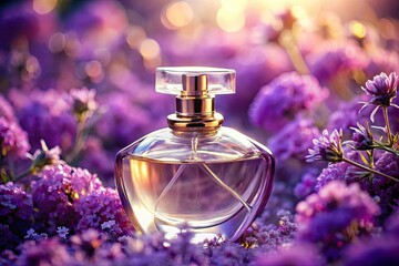 A mystical purple floral perfume bottle, surreal double exposure, artistic fantasy.