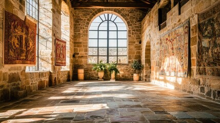 Fototapeta premium Serene Hall with Stone Walls and Colorful Tapestries in Sunlight