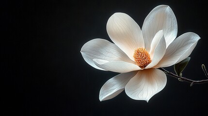 Fototapeta premium Close-up image of a pure white flower perched on a slender twig against a deep black backdrop
