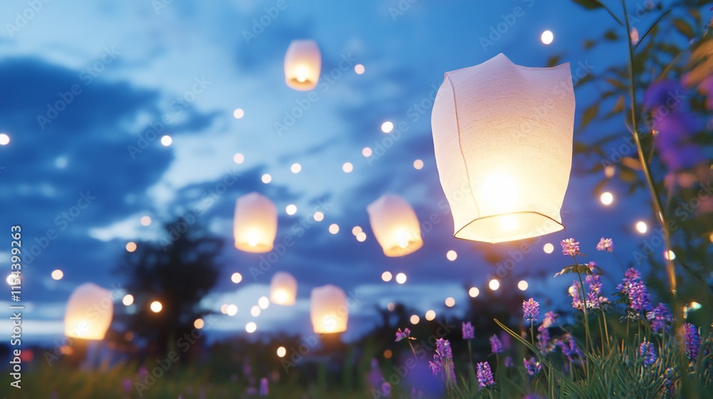 Poster a serene evening scene with floating lanterns and twinkling lights.