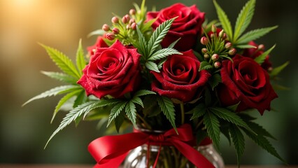 A luxurious bouquet with cannabis leaves, roses, and heart-shaped accents tied with red satin, displayed in a crystal vase against a soft golden backdrop.