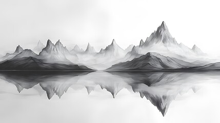 Monochromatic mountain range reflected in a calm lake, minimalist landscape.