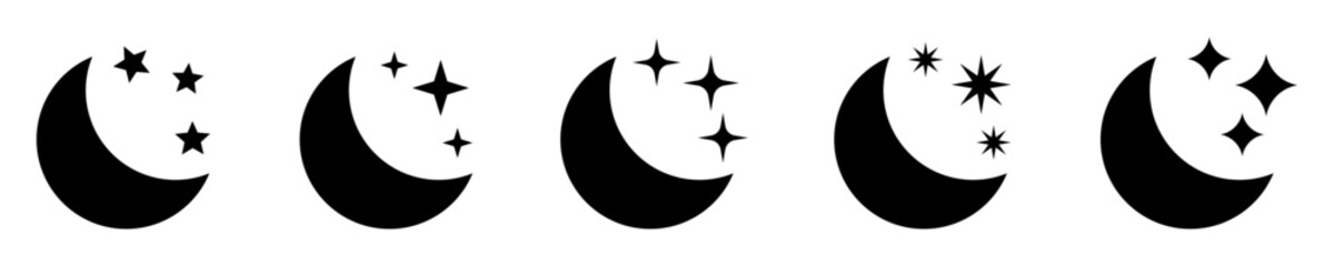 Crescent moon with stars icon on white background. Night icon. Crescent moon icon. Minimalist style.