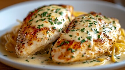 Creamy Chicken and Pasta: A close-up shot of a delightful dish, showcasing two succulent chicken breasts bathed in a rich, creamy sauce and nestled on a bed of golden spaghetti.