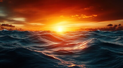 Obraz premium Fiery sunset over dramatic ocean waves.