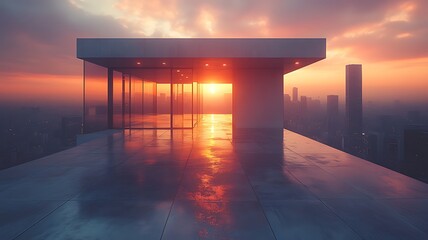 Modern rooftop building at sunset overlooking cityscape.