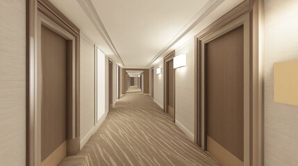 Obraz premium Modern Hotel Corridor with Bright Lighting and Neutral Decor