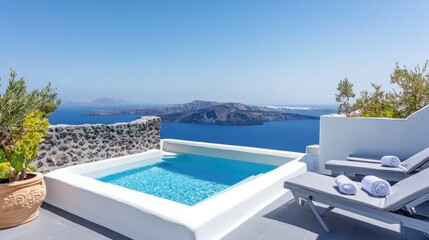 Fototapeta premium Serene Villa with Private Pool Overlooking Blue Aegean Sea Landscape